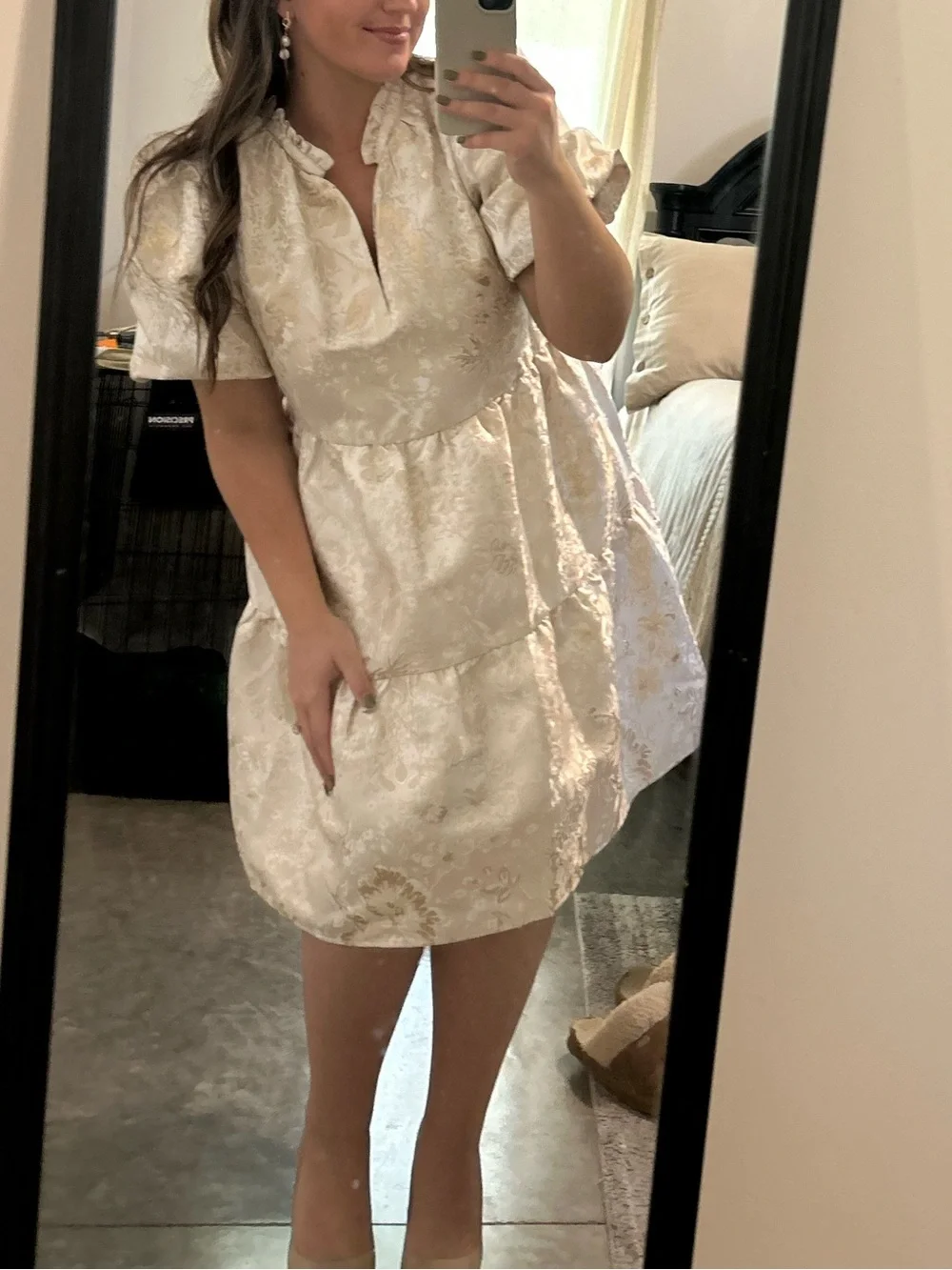 Women's Ivory Brocade Short Sleeve Tiered Dress